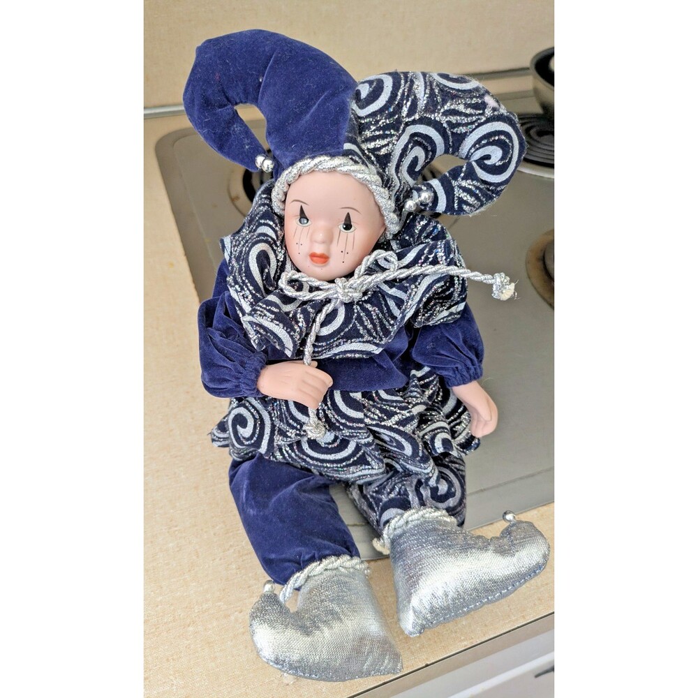 Vintage Musical Porcelain Jester Clown Doll Blue & Silver Velvet Wind-Up Pierro